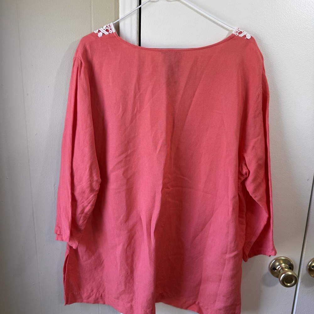 Womens Lagenlook Linen Blend Tunic Top XL Coral Embroidered Cottage Boho Baggy - Picture 5 of 11